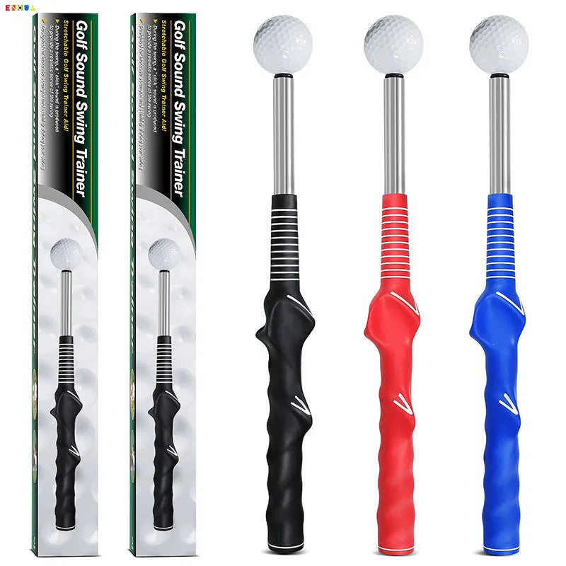 Telescopic golf swing trainer with stainless steel construction in three colour options