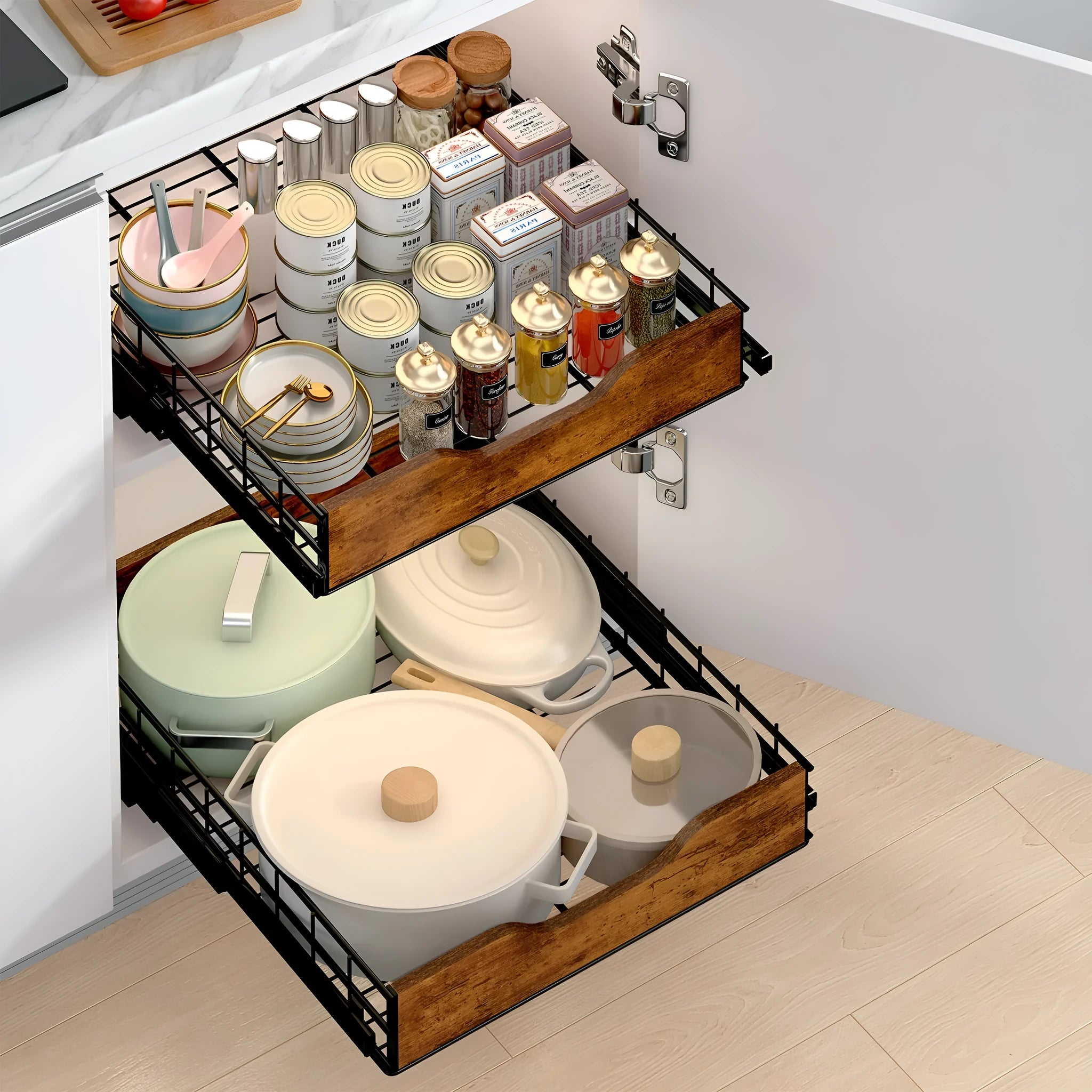 Black wood and iron storage rack with a pull-out basket drawer for kitchen organisation.