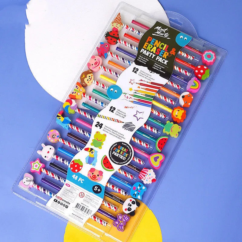 Wooden box containing 24 coloured pencils with colourful cartoon design, suitable for drawing and sketching.