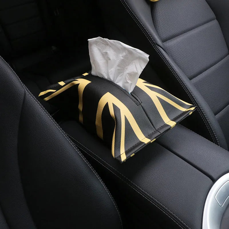 Mini car tissue box in leather with British Union Flag design, 18cm long and 27cm wide