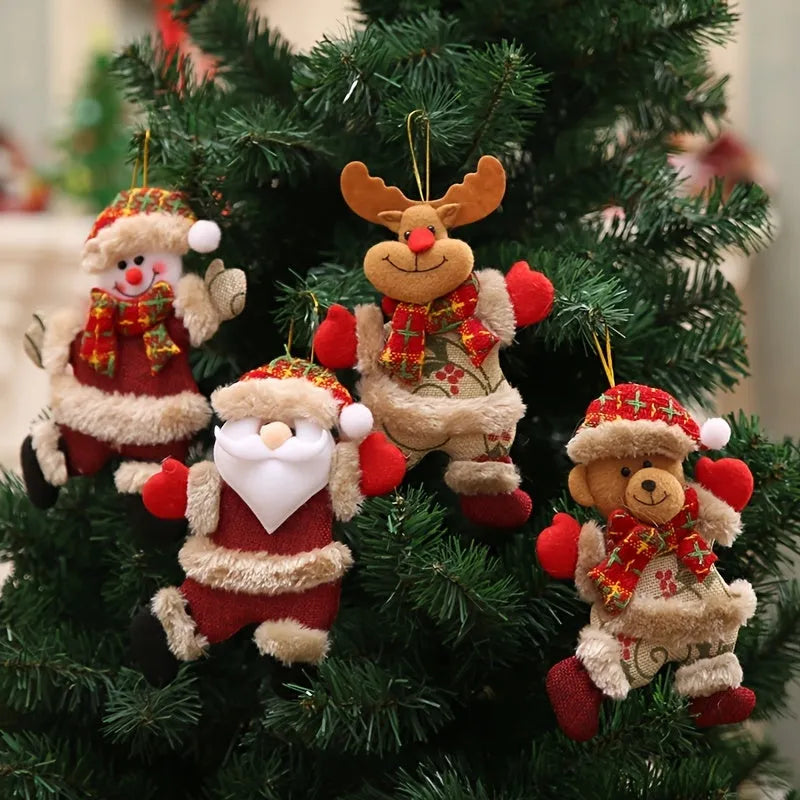 Set of four Christmas tree ornaments featuring Santa, snowman, reindeer and bear figures with red and white scarves