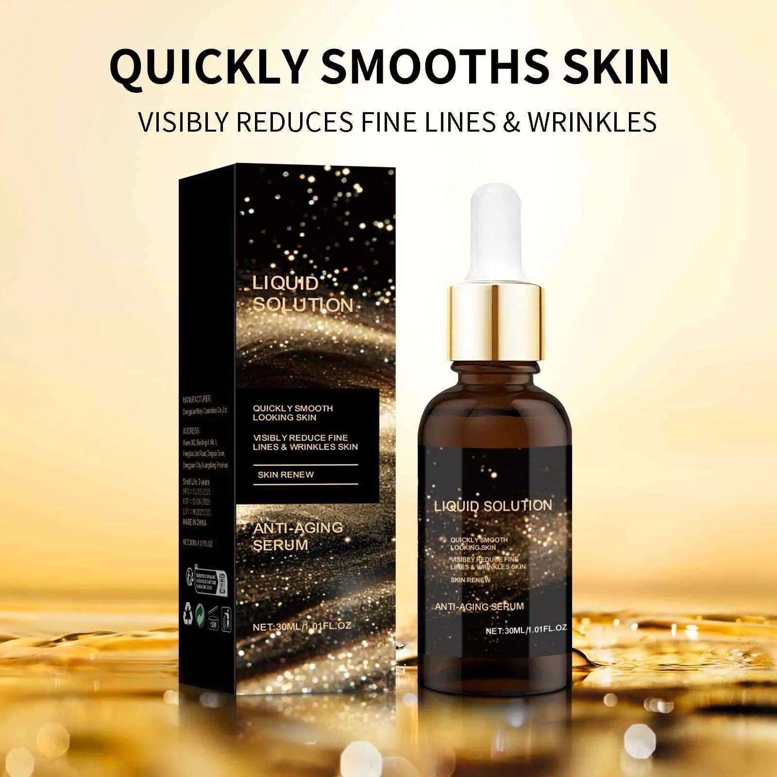 30 ml facial moisturising liquid bottle with hyaluronic acid and glycerin, 9 cm height.