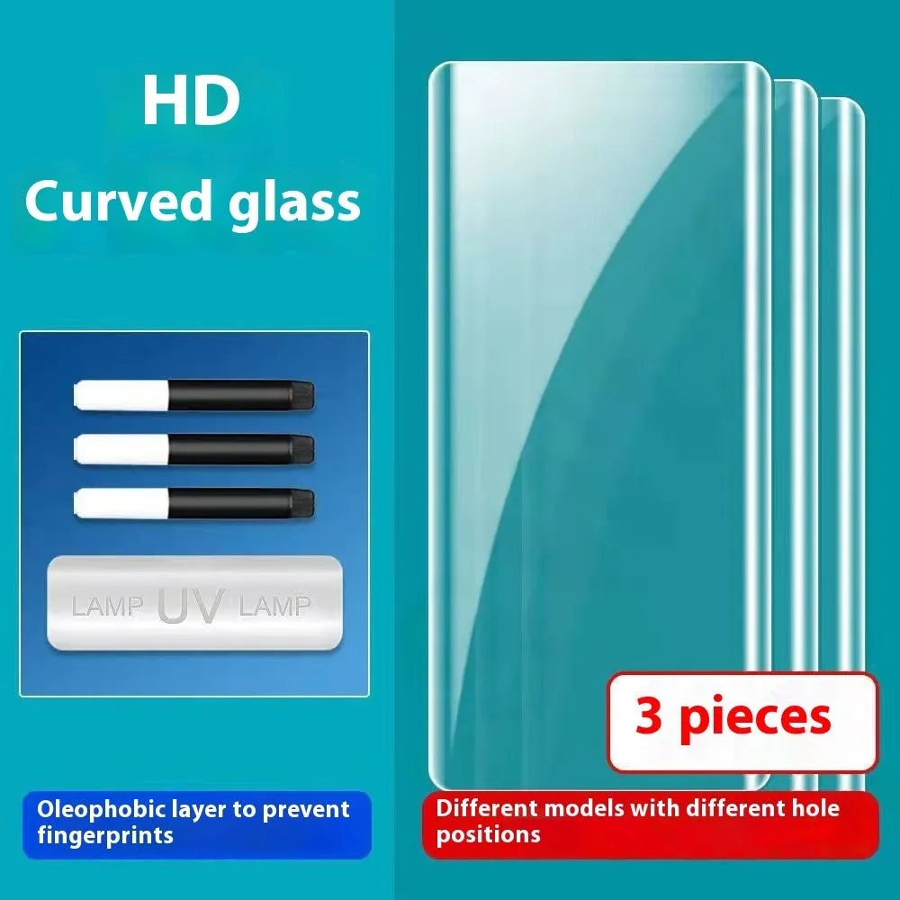 UV full glue tempered glass screen protector for Samsung Galaxy S24 showing HD clarity and full-screen coverage