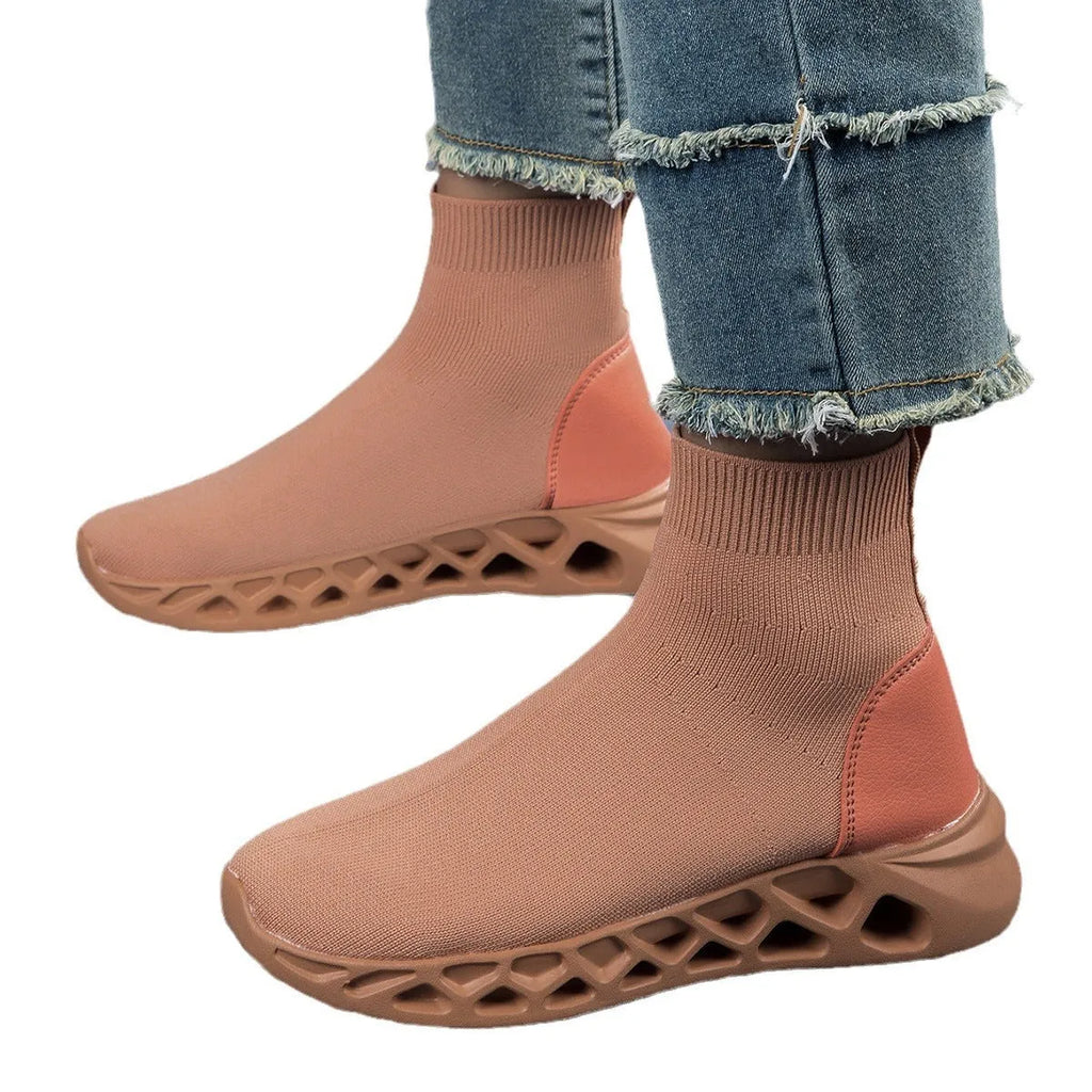 Women's black breathable mesh high-top casual sock boots with flat MD sole on a white background.