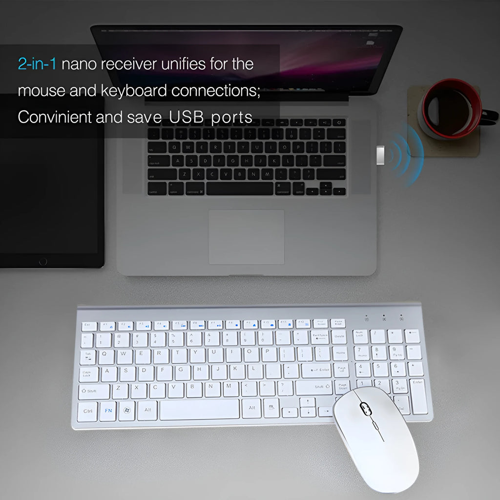 Wireless keyboard and mouse combo full-size 104-key ultra-thin black colour with numeric keypad and USB receiver