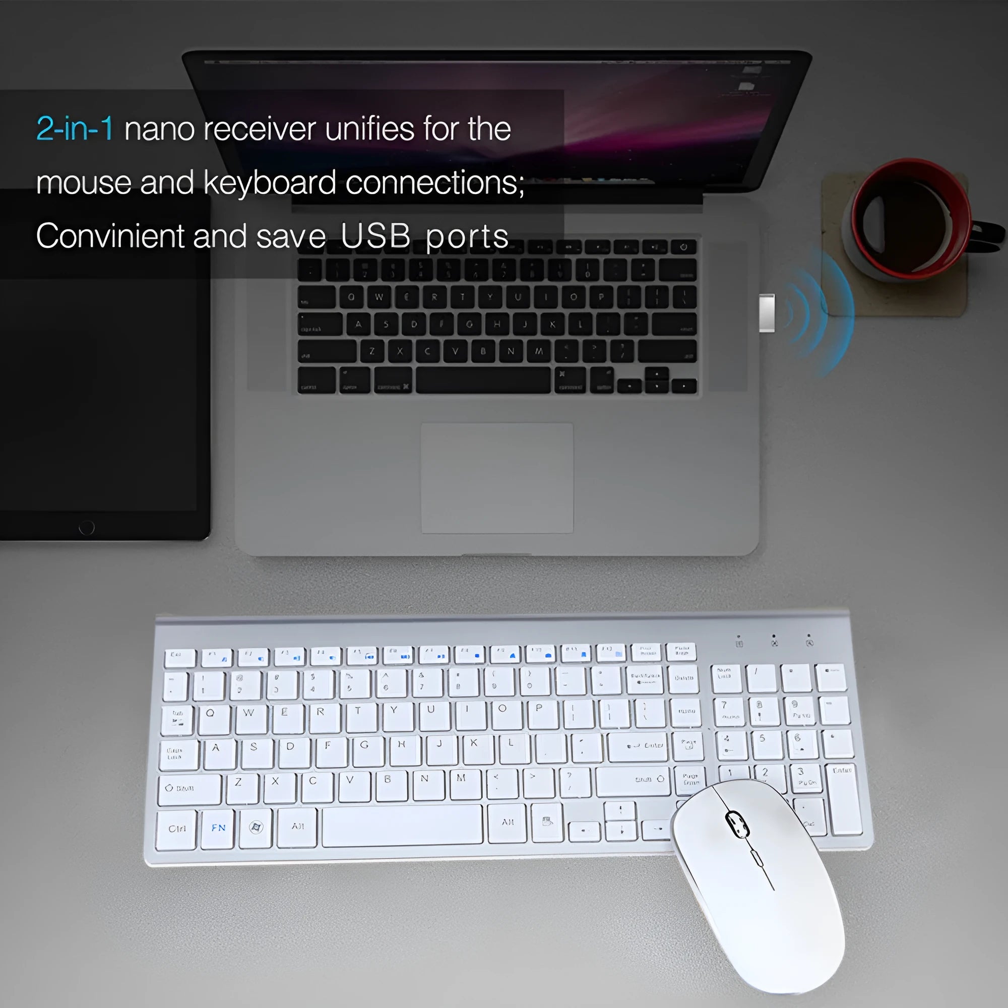 Wireless keyboard and mouse combo full-size 104-key ultra-thin black colour with numeric keypad and USB receiver