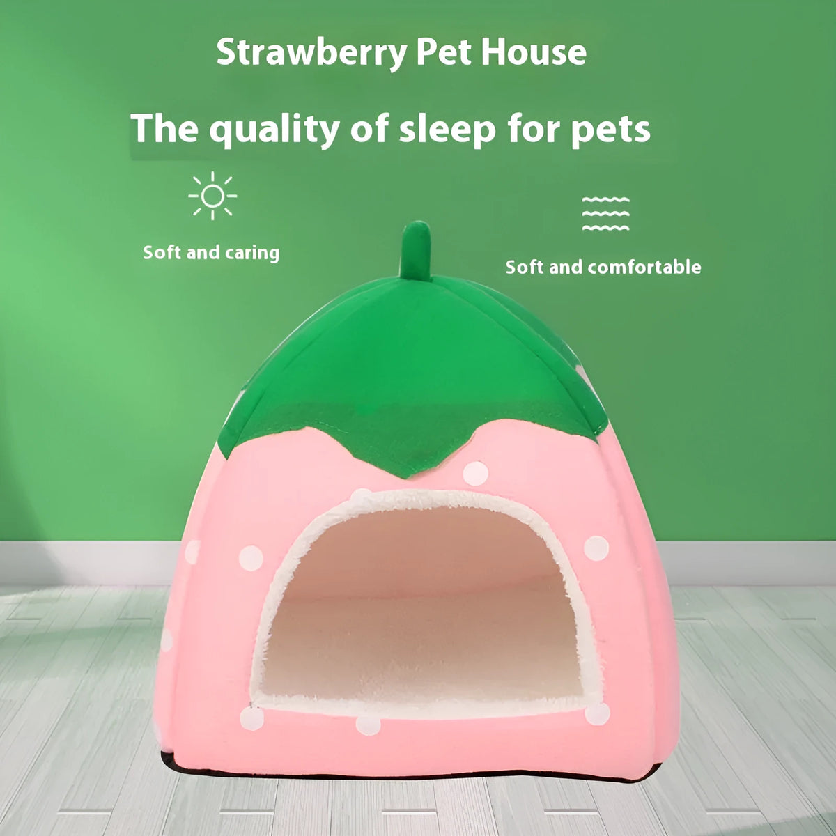 Plush strawberry cat nest in pink, blue, purple, and red, cloth pet bed in XS to XL sizes