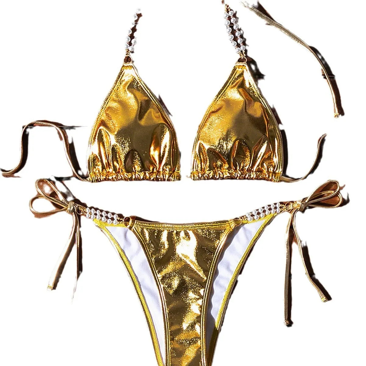 Gold halter lace-up bikini with pearl chain detail and briefs-style bottoms