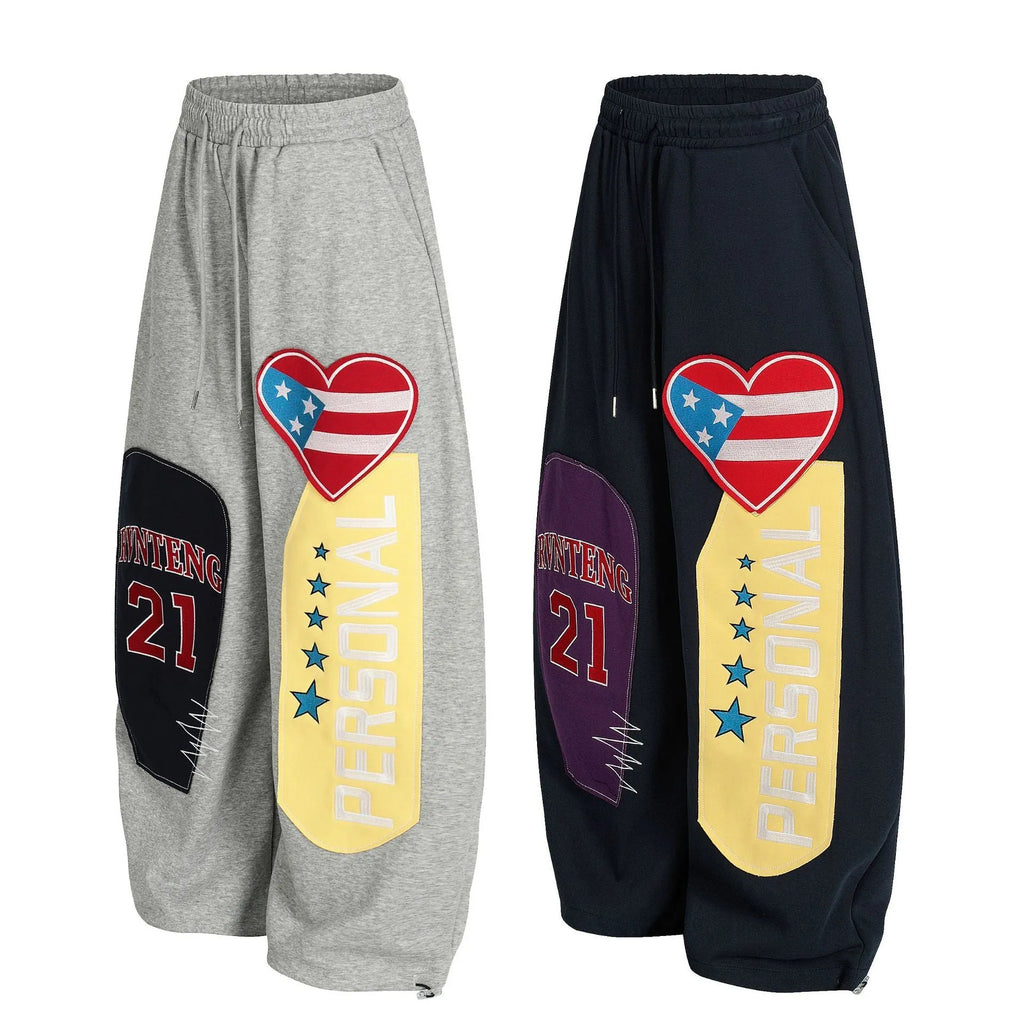 Men's loose casual pants with letter pattern, cotton fabric, mid waist, blue or gray, sizes S-XL