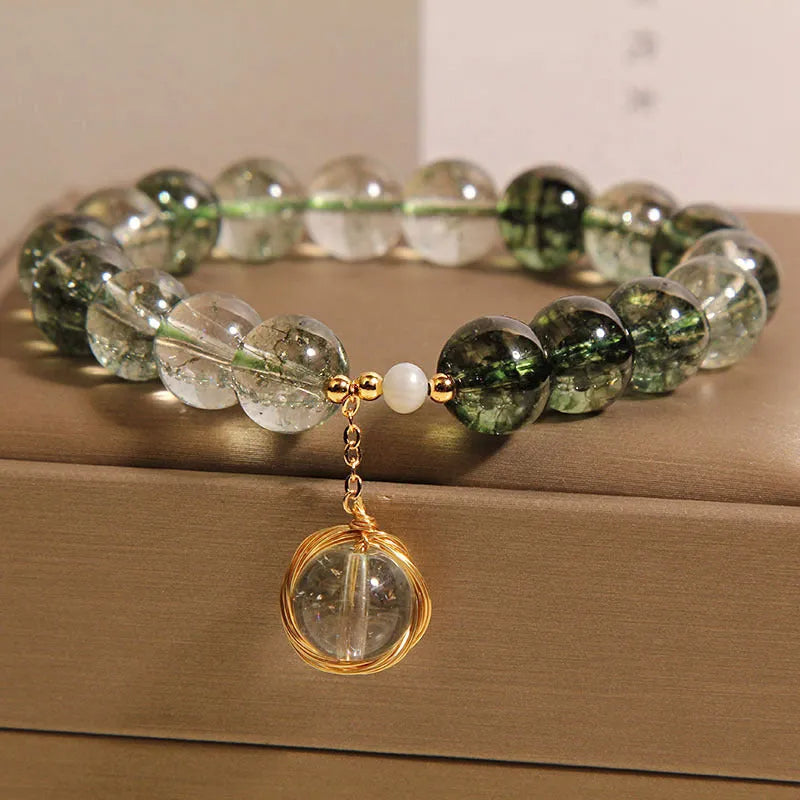 Green phantom quartz and chorite crystal women's bracelet in Japanese Korean style.