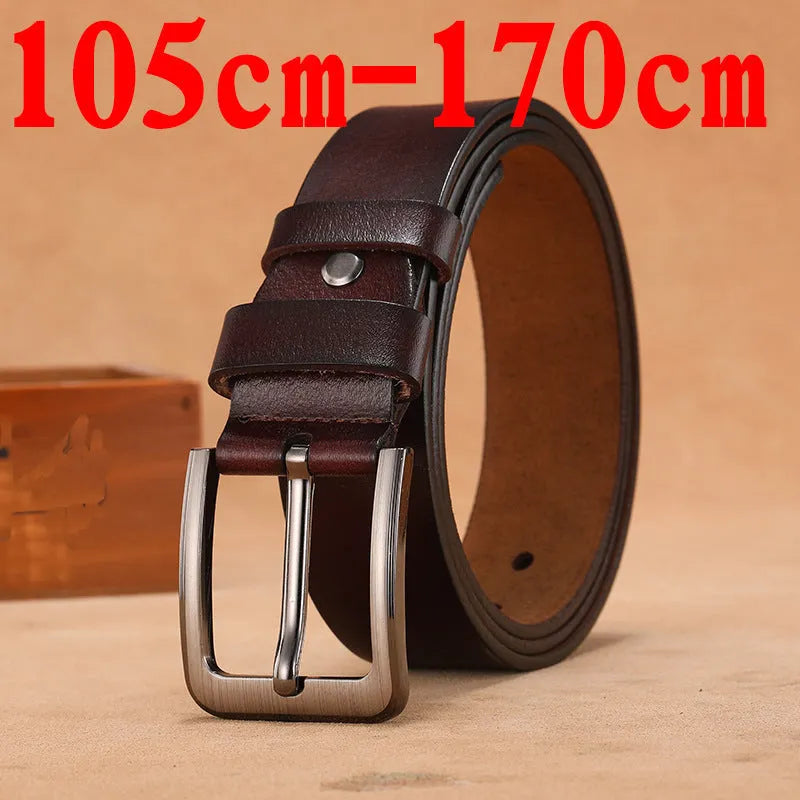 Square head pin buckle casual belt in black or brown, shown with length size options.