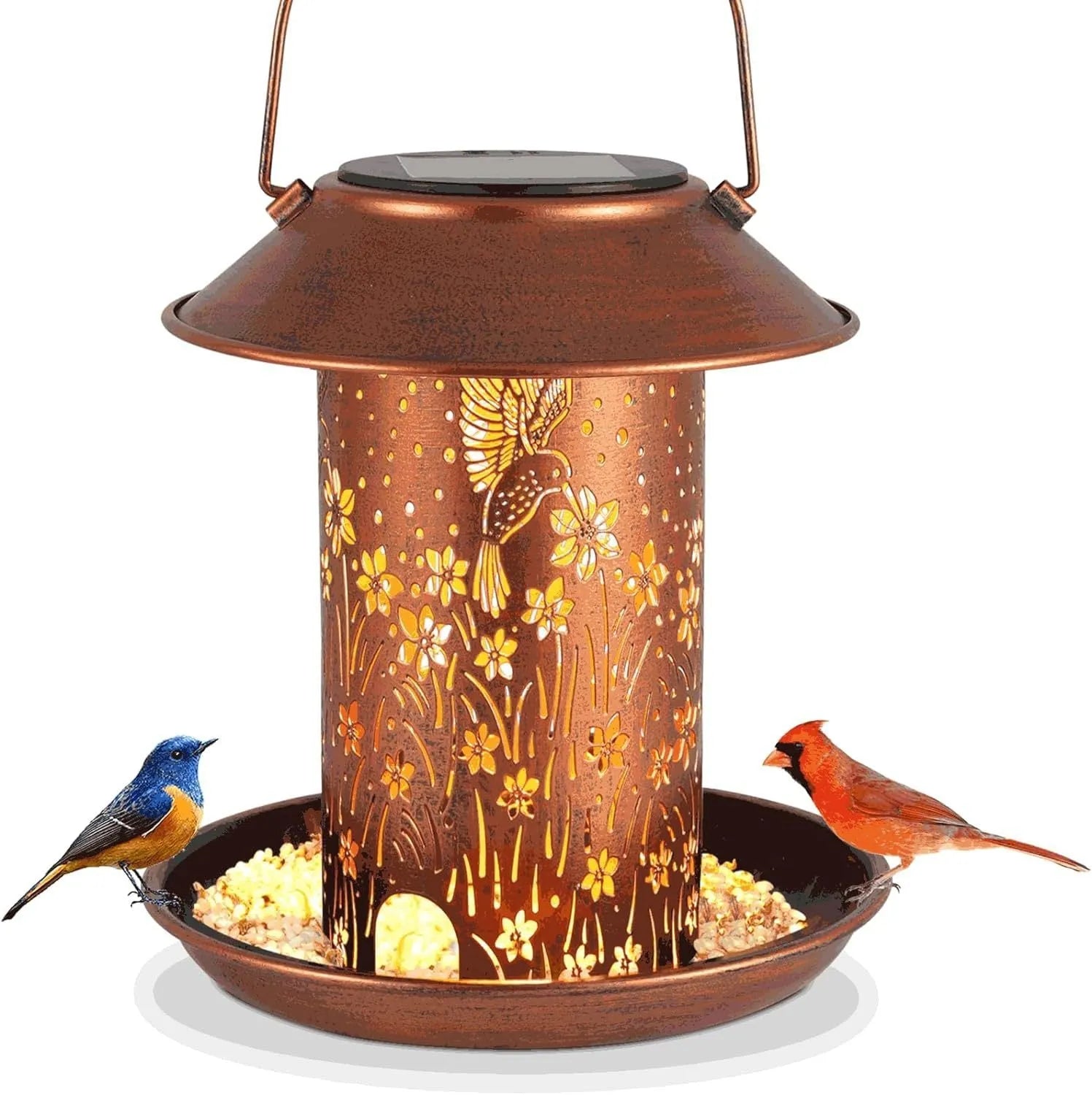 Solar-powered iron art bird feeder lamp with hummingbird decoration for outdoor garden use