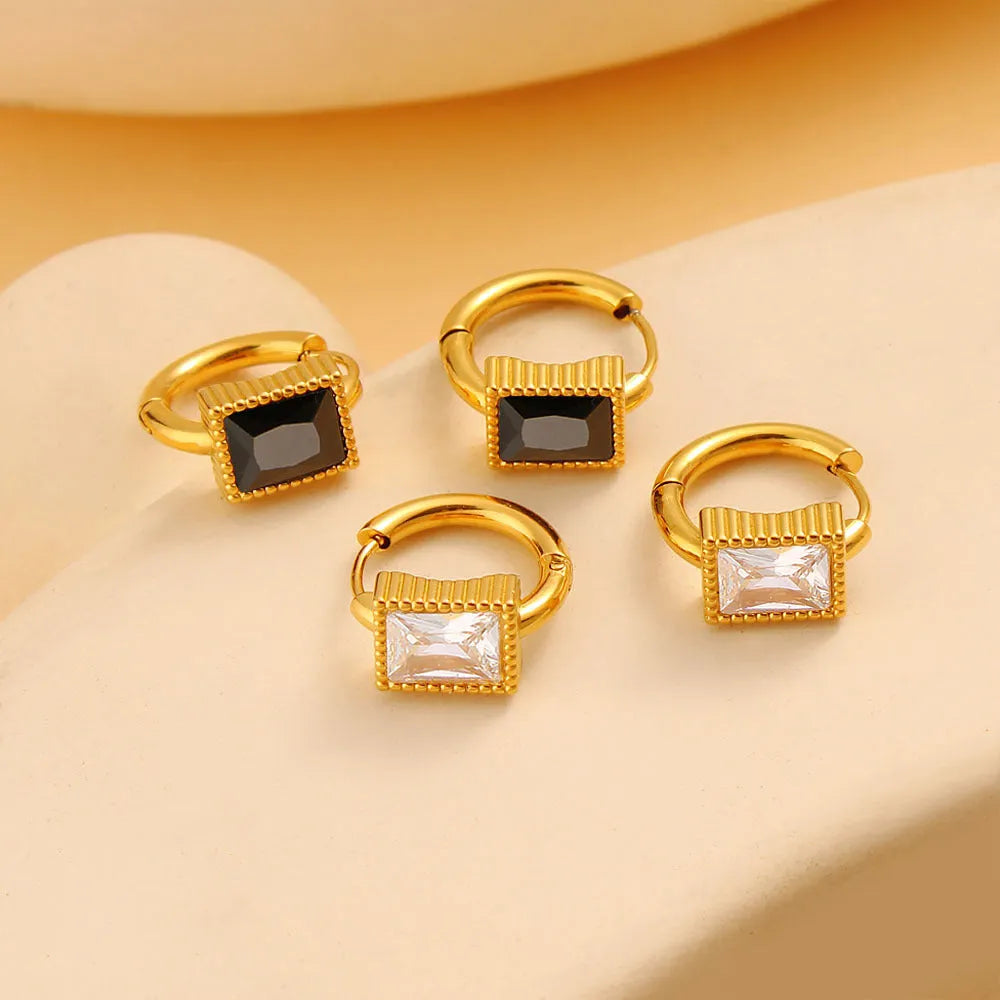 Square zircon stone geometric earrings in stainless steel, available in white, black, or green.