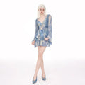 Women's steel support push-up long-sleeved blouse split swimsuit in blooming blue colour