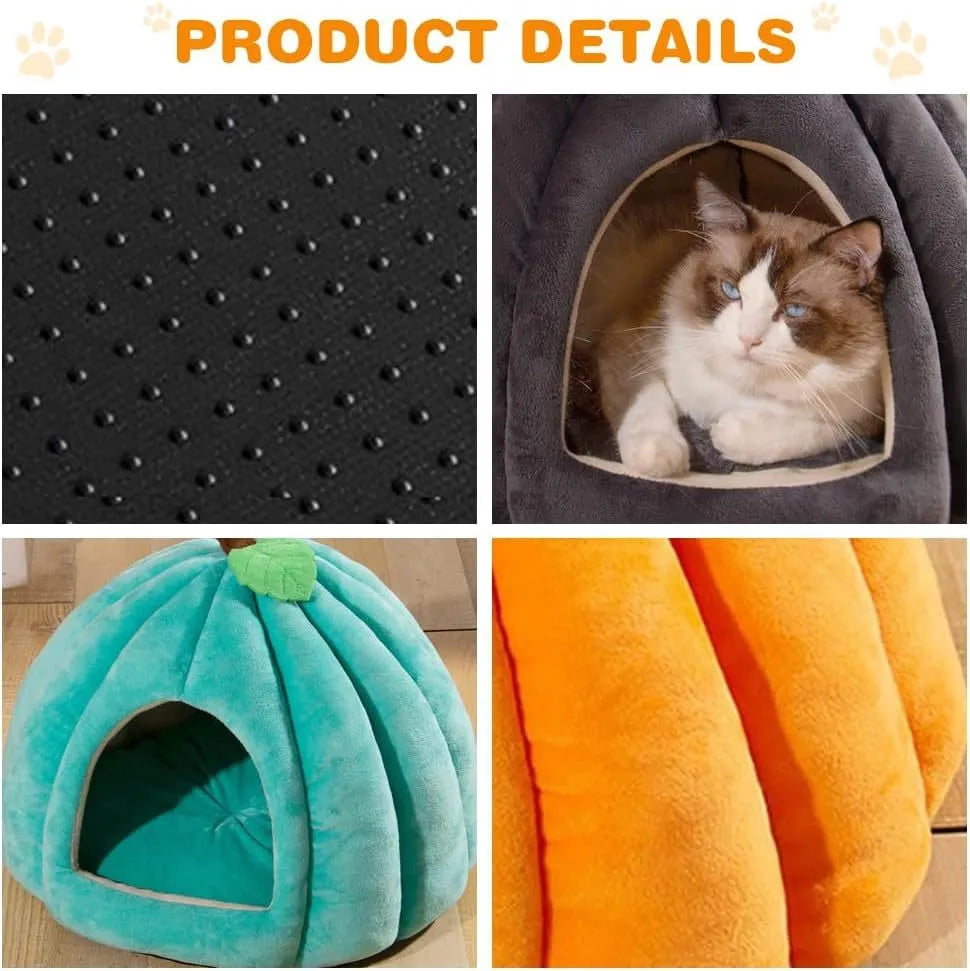 Pumpkin-shaped cat bed in blue with semi-enclosed design and removable cushion
