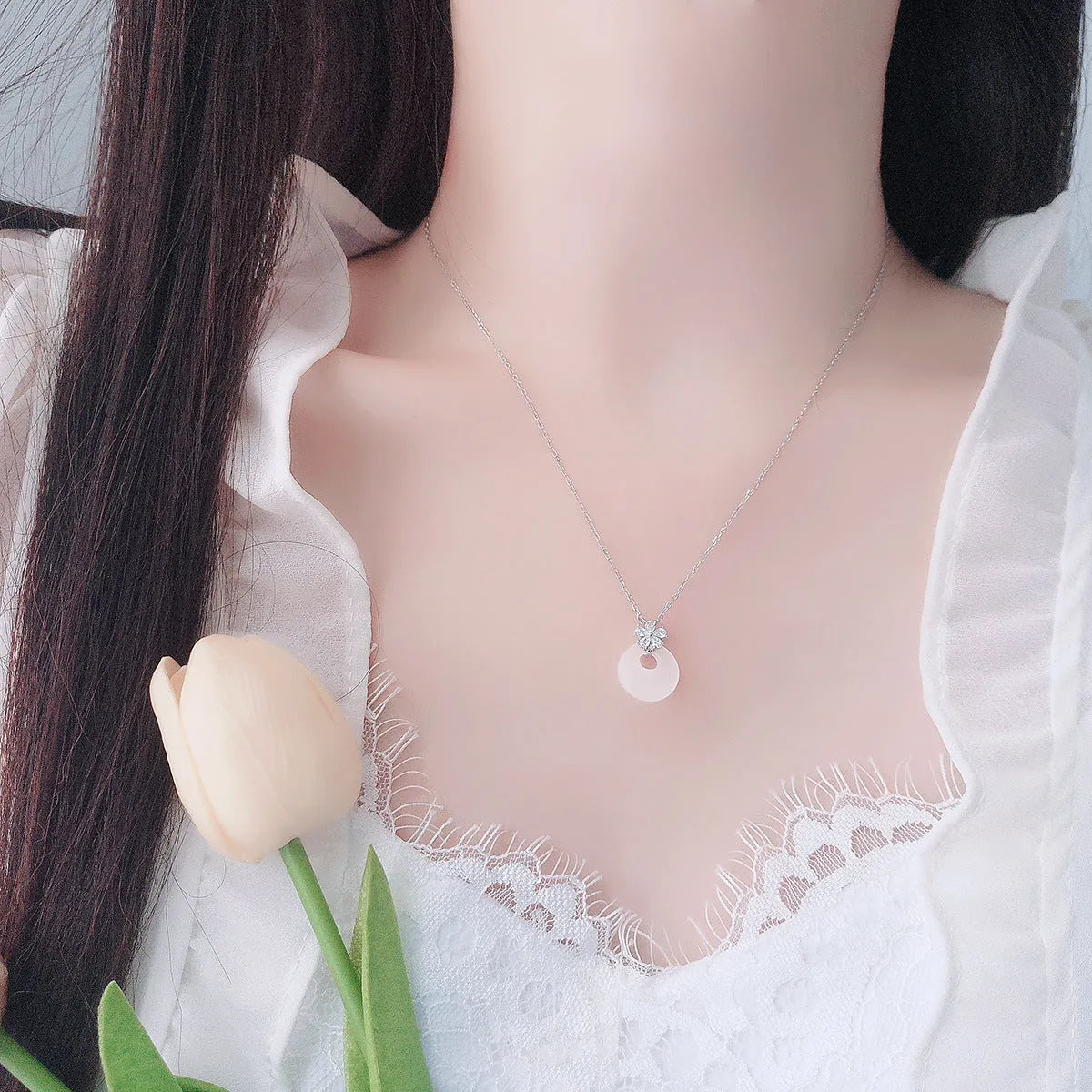 S925 sterling silver chalcedony peace buckle necklace on adjustable O-ring chain 41-50cm for women