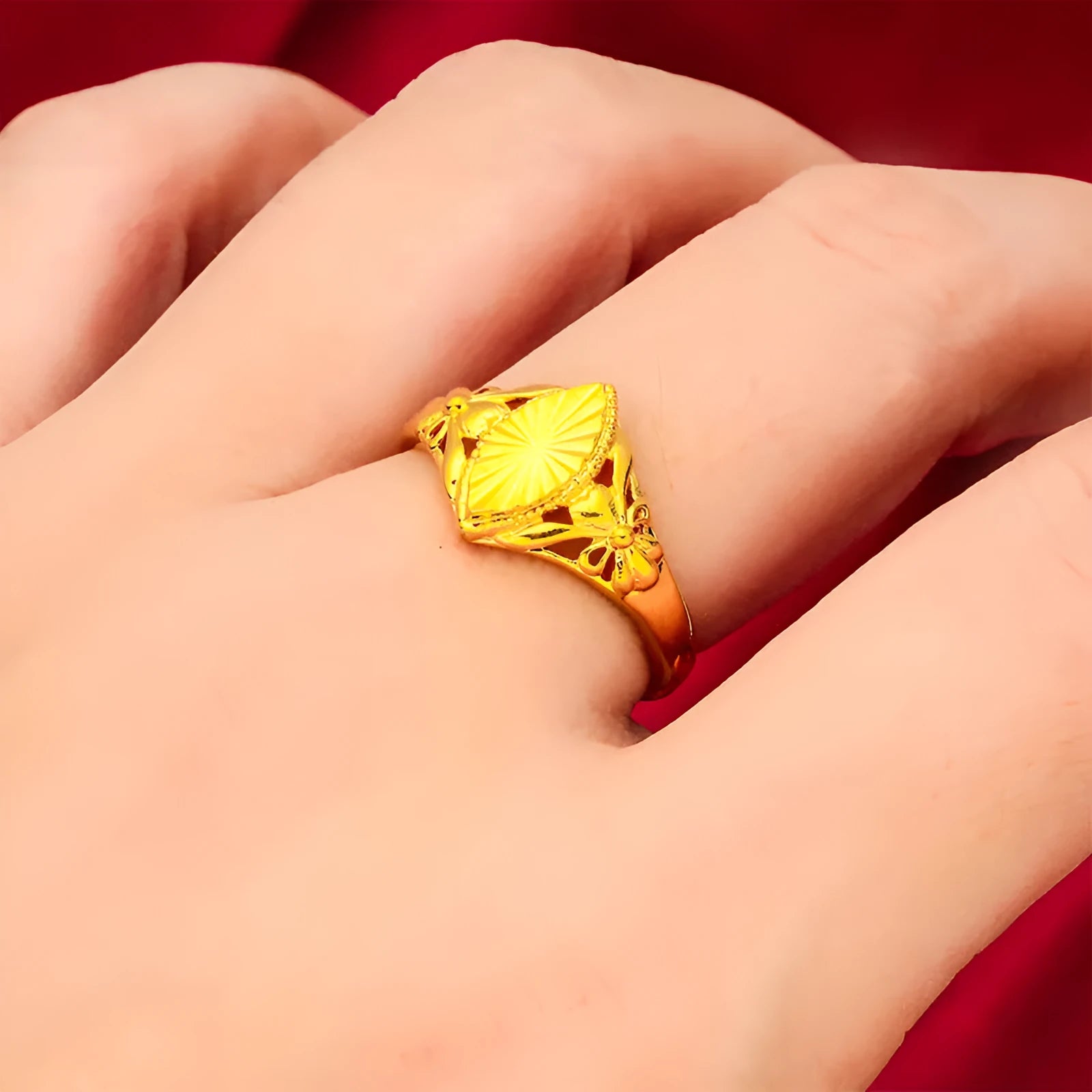 Geometric open flower ring with gold electroplated finish and textured brass surface
