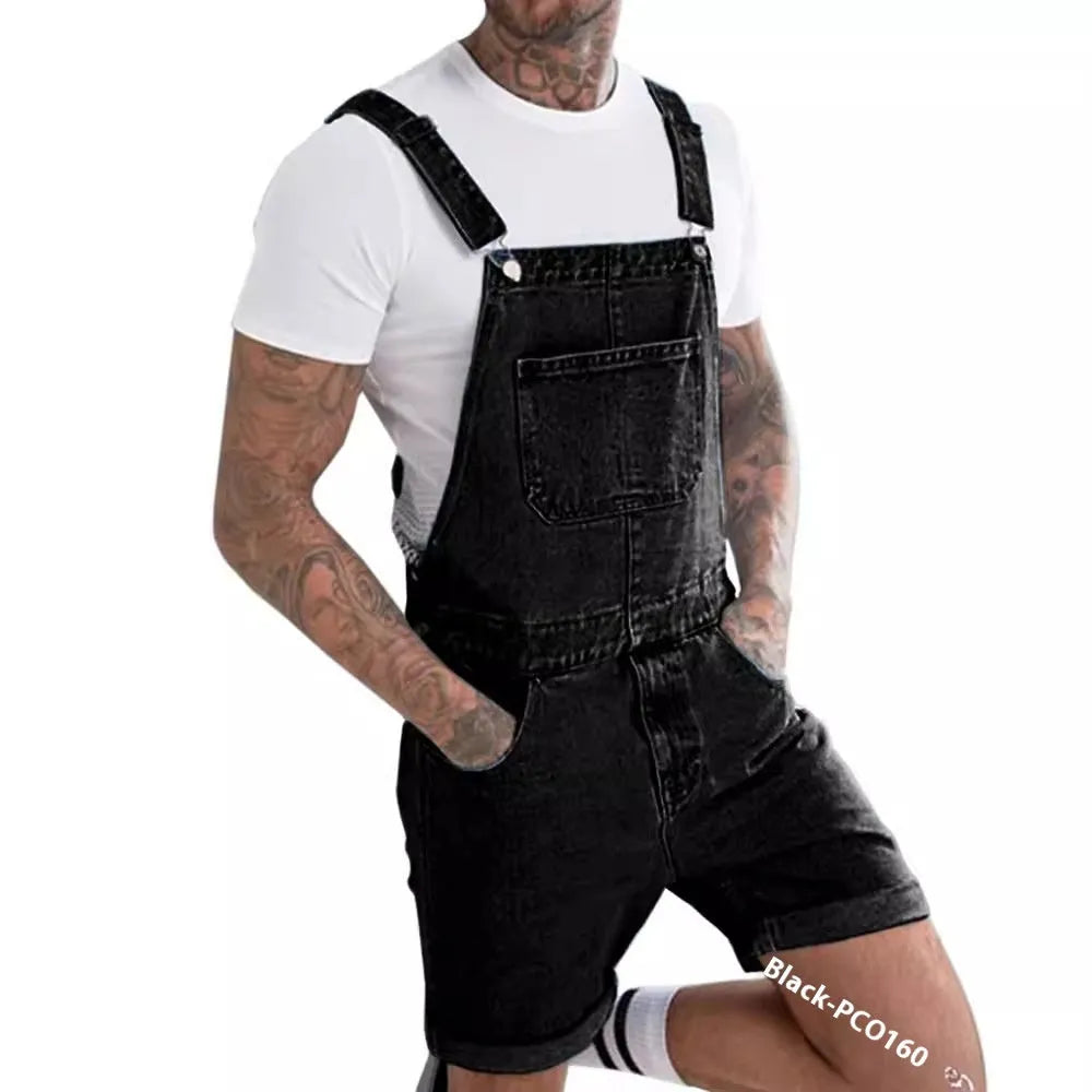 Male model wearing black mid-stretch denim suspender pants with straight leg cut and zip fly