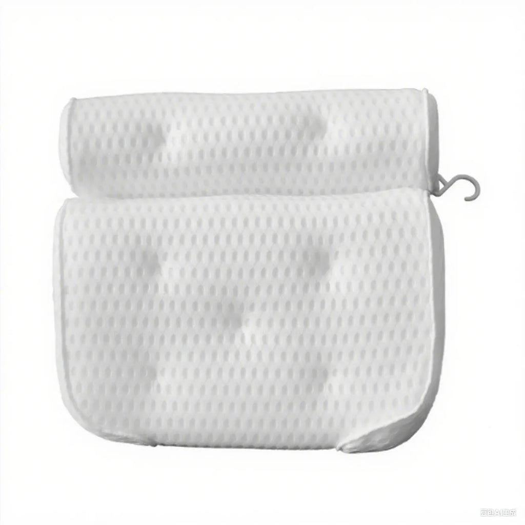 White 4D mesh bathtub pillow with 7 suction cups on a smooth bath surface.