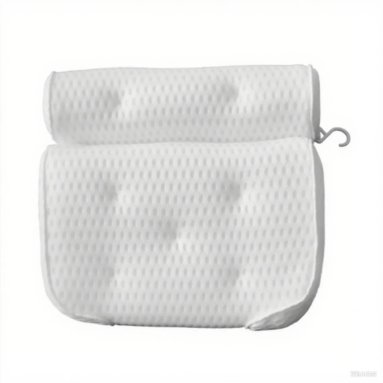 White 4D mesh bathtub pillow with 7 suction cups on a smooth bath surface.