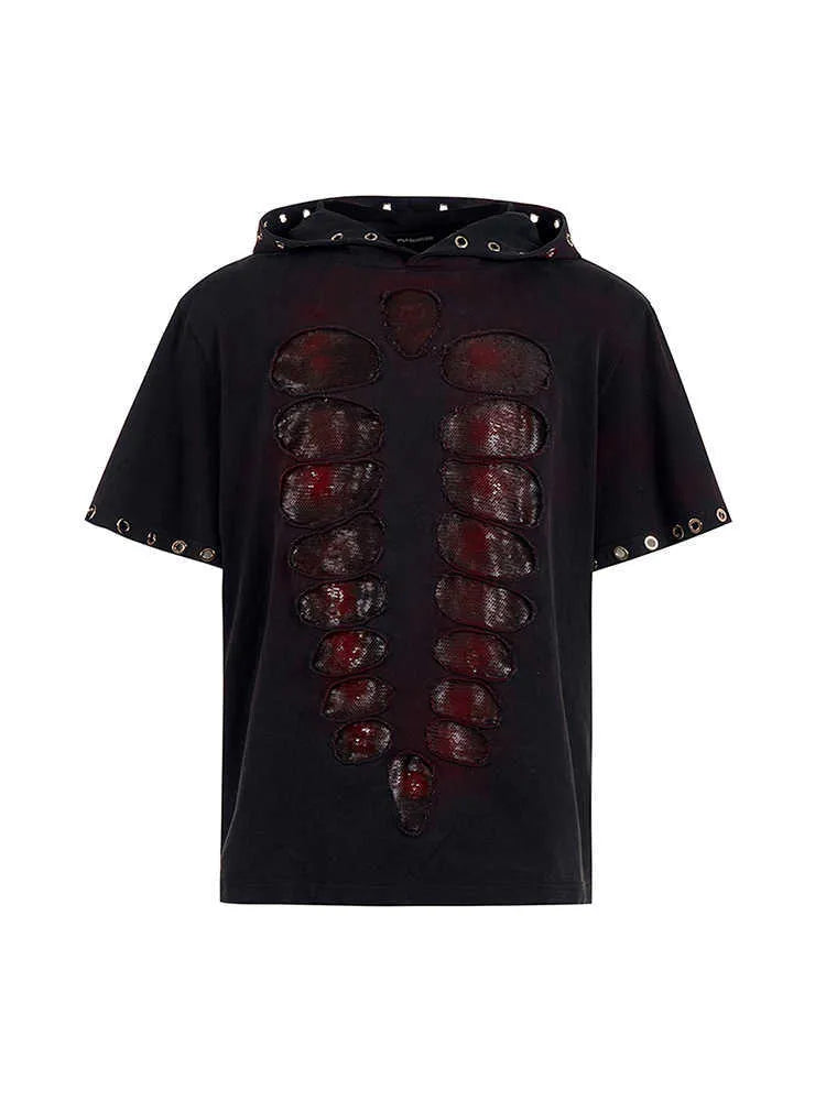 Black men's hooded short-sleeve t-shirt with scattered sequins on loose-fit casual design