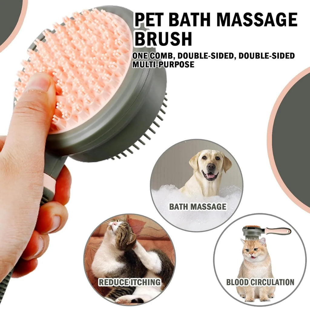 Green and pink double-sided cat brush with release button and included flea comb for pet grooming