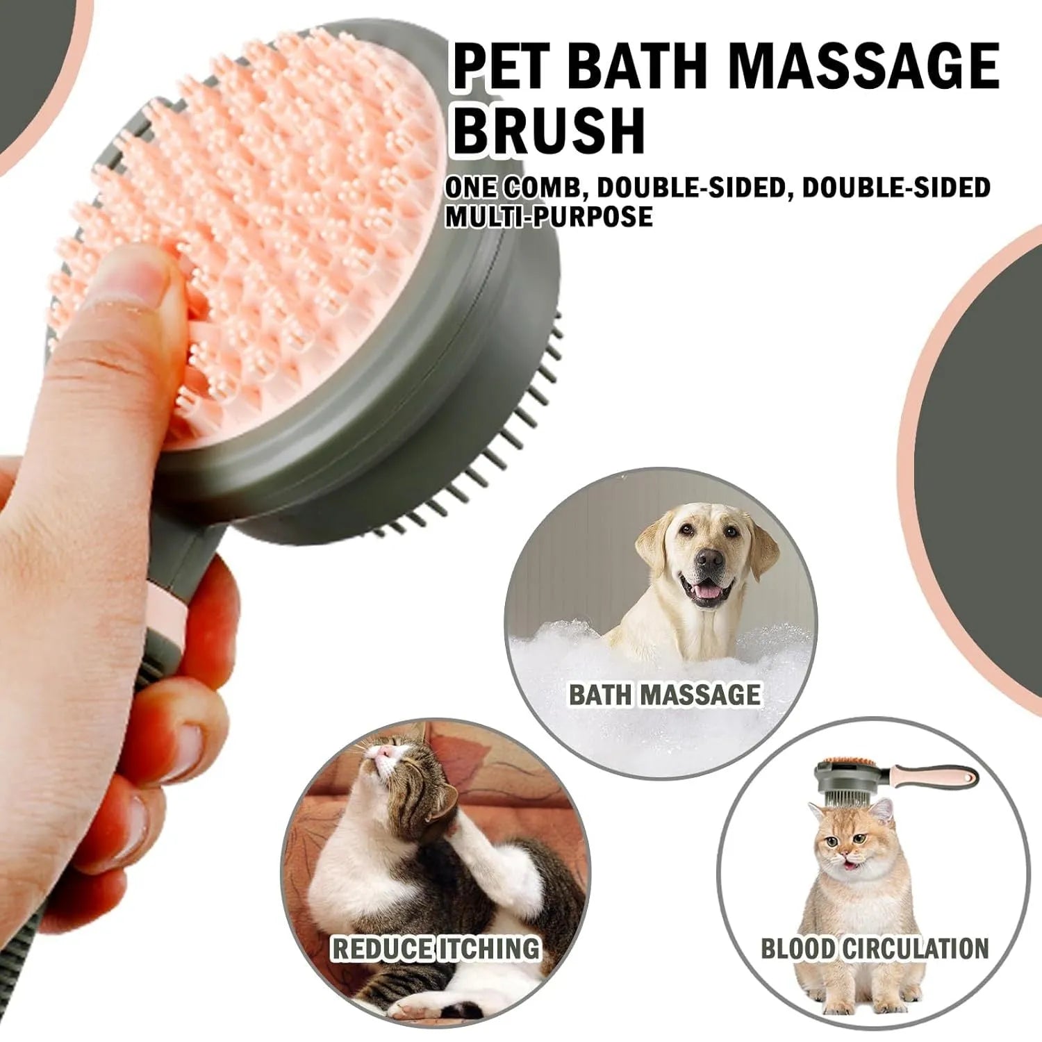 Green and pink double-sided cat brush with release button and included flea comb for pet grooming