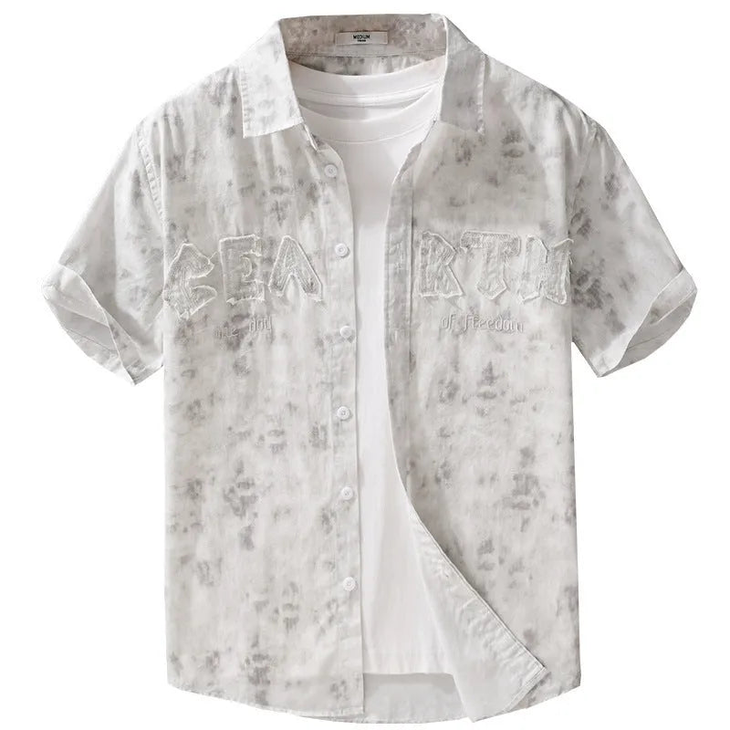 Men's grey white pure cotton short-sleeve cardigan with loose fit and hanging dyed print