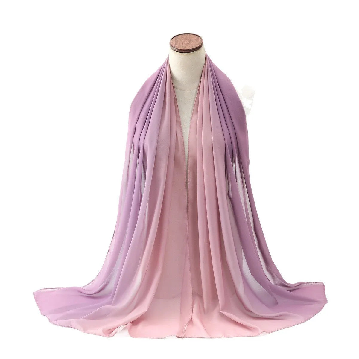 Long light blue polyester chiffon scarf with bubble towel texture draped展示.