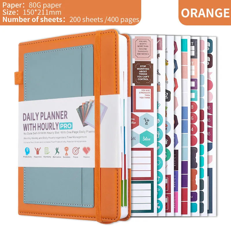 A5 notebook with PU leather cover in various colours, shown open to reveal blank pages and planning stickers.