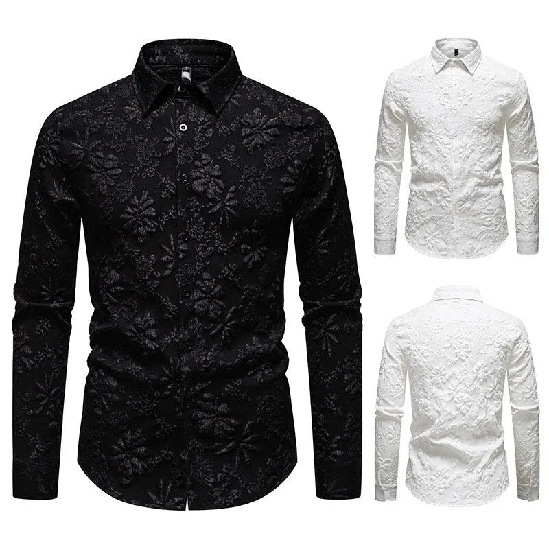 Men's floral jacquard long sleeve shirt, loose-fit cardigan style, solid colour in black, side view