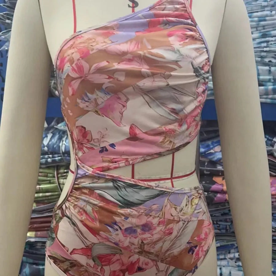 Women's rose gold printed swimsuit in polyester fabric for summer beach and pool use