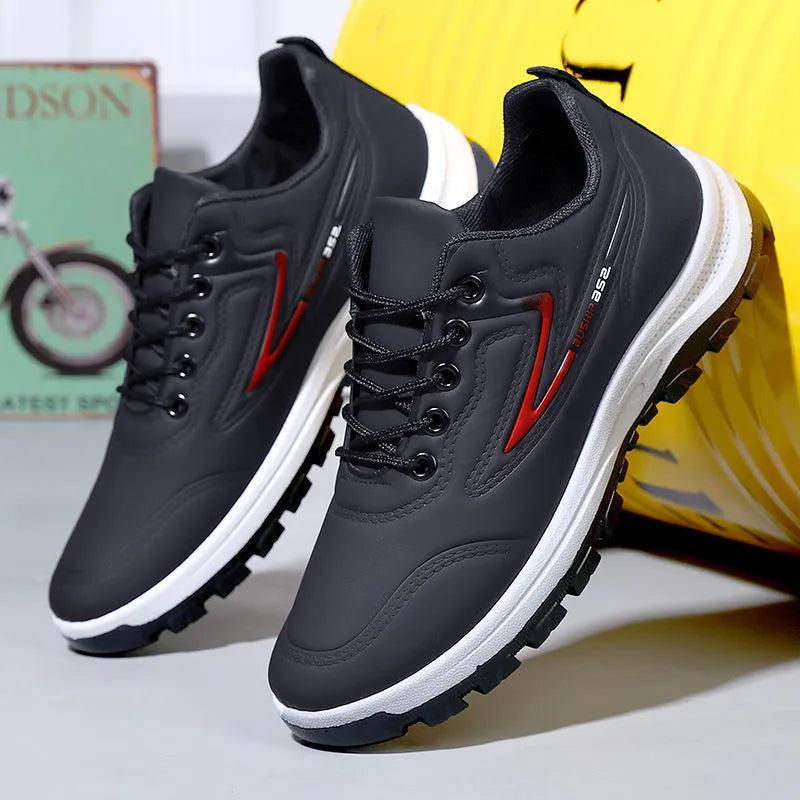 Black and red waterproof leisure shoes with soft plastic sole and lace-up front