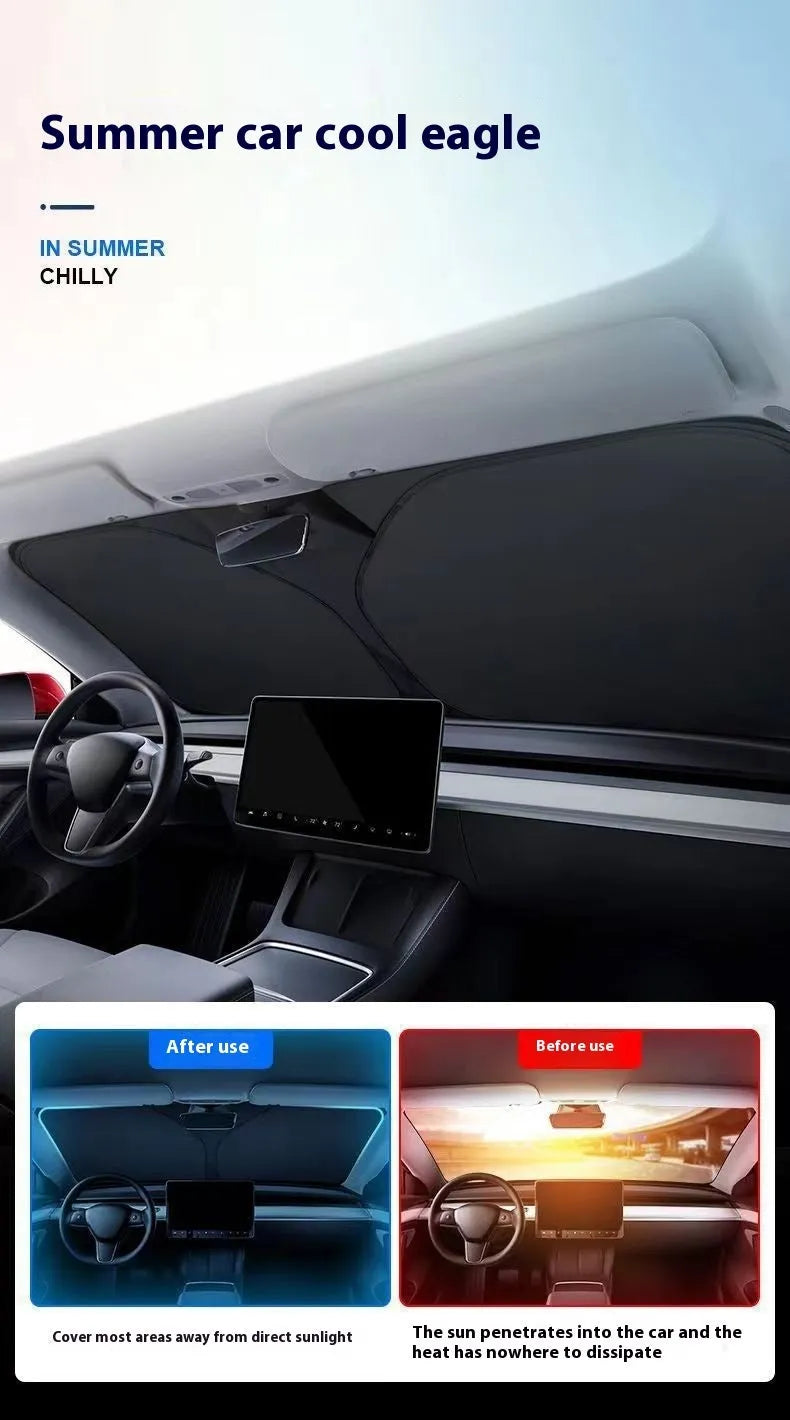 Aluminium foil car sunshade in titanium silver colour shown folded, with size options 140cmx70cm and 150cmx80cm.