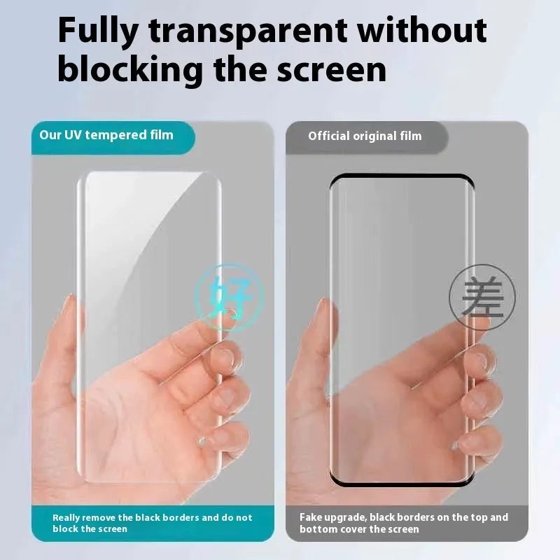 UV full glue tempered glass screen protector for Samsung Galaxy S24 showing HD clarity and full-screen coverage