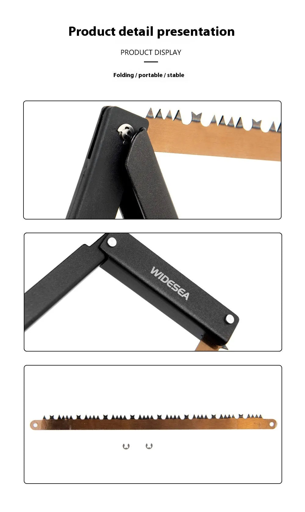 Black foldable outdoor survival saw with aluminium alloy frame and nylon handle.