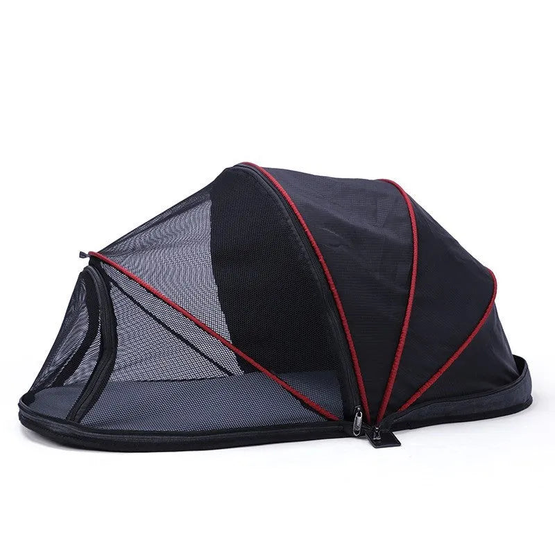 Folding cat tent with mesh panels shown in collapsed and set-up positions