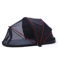Folding cat tent with mesh panels shown in collapsed and set-up positions