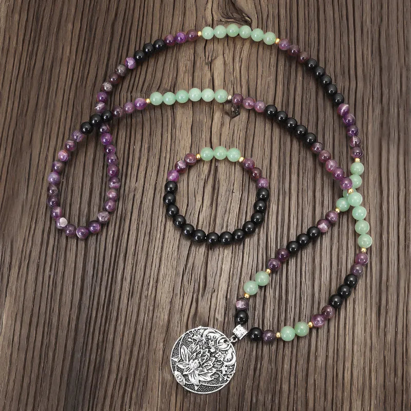 Dongling long yoga lotus pendant necklace and bracelet set with stone beads