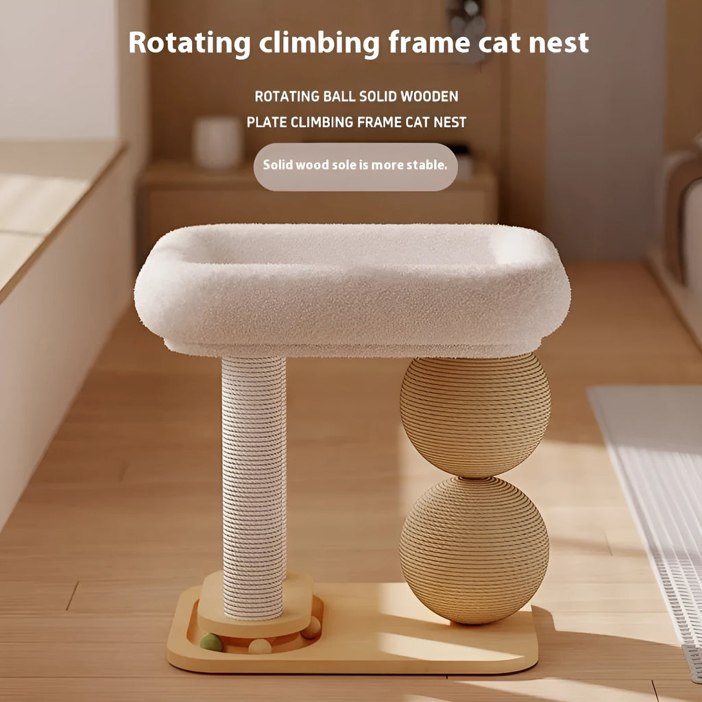 Pine wood cat nest with integrated grasping balls for scratching, shown in a simple style.