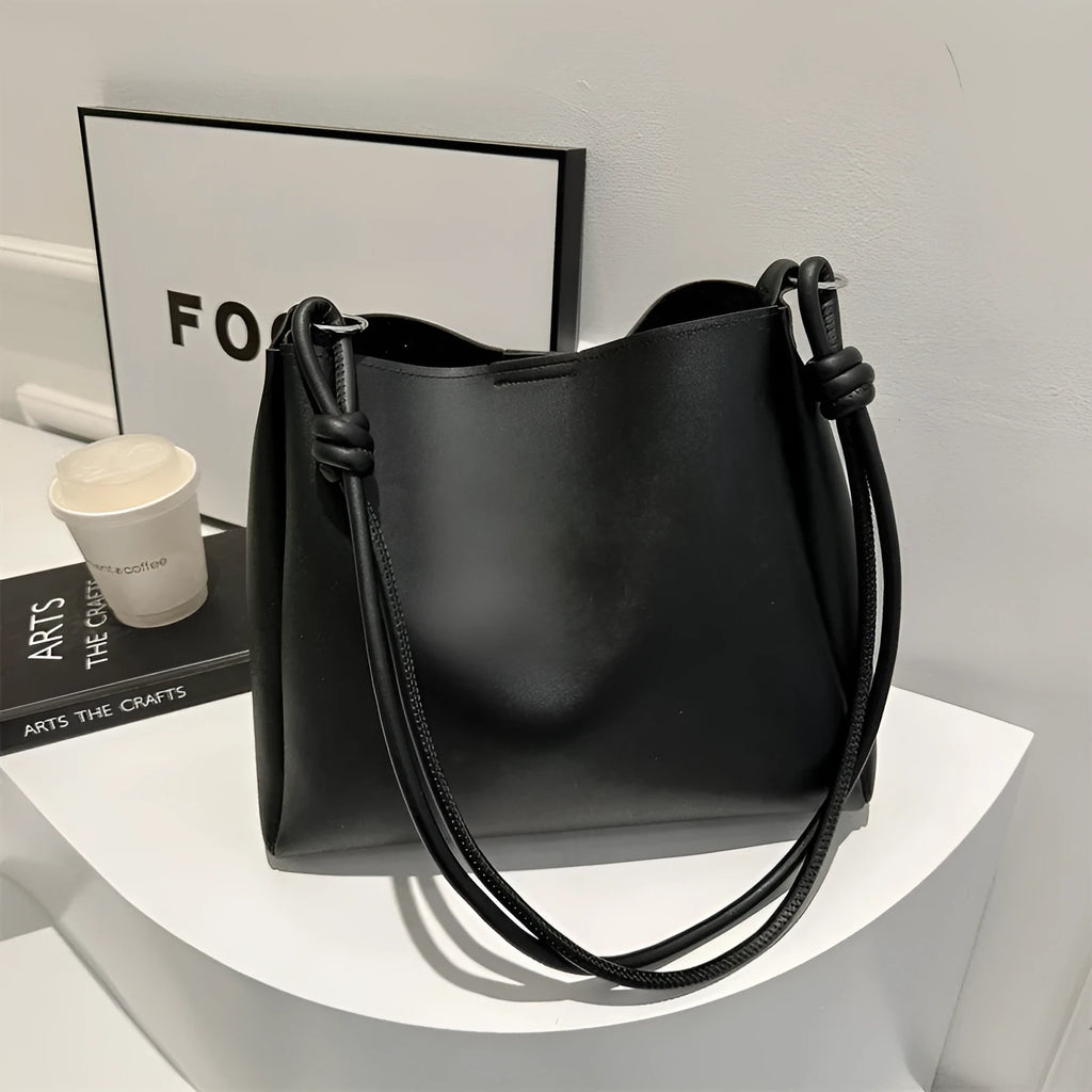Women's crossbody tote bag in retro bucket shape, PU material, available in yellow brown, brown, black, khaki, with sewing line detail