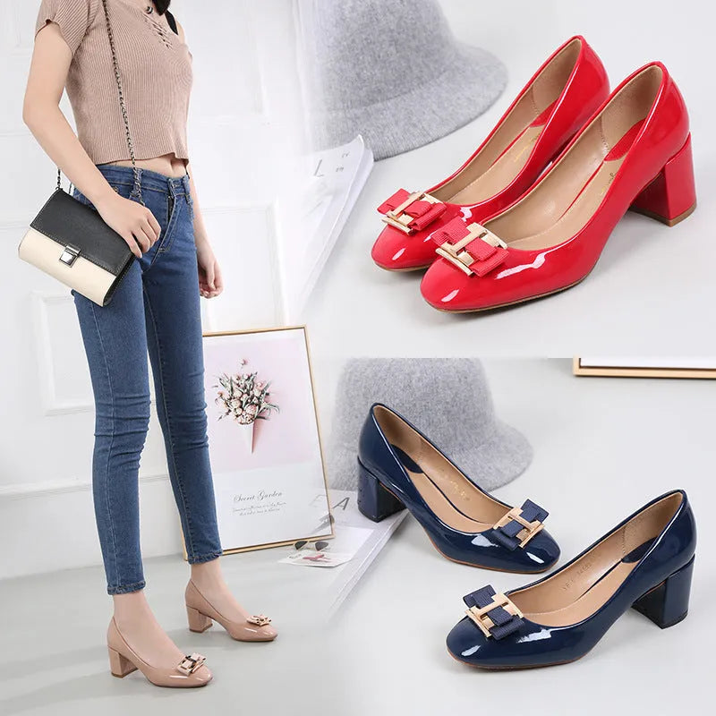 Mid heel round head chunky heel patent leather women's pumps with work buckle in solid colour