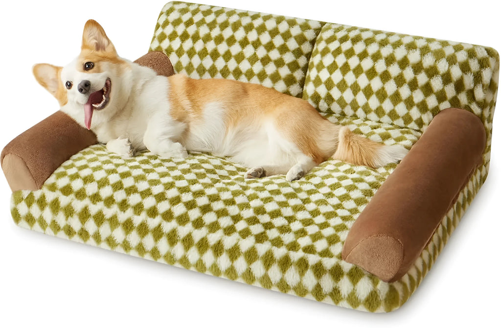 A checkered pattern pet sofa bed for a small dog or cat on a wooden floor.