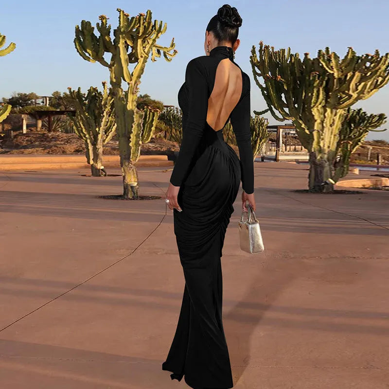 Women's solid colour high neck long sleeve ruffle back bodycon dress in black, front view