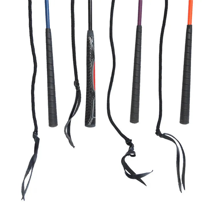 A 120cm long nylon and fibreglass training whip for horses with a hand loop