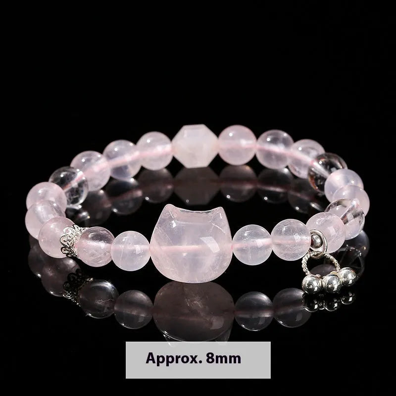 Women's handcrafted natural crystal bracelet with cat head charm and gemstone beads