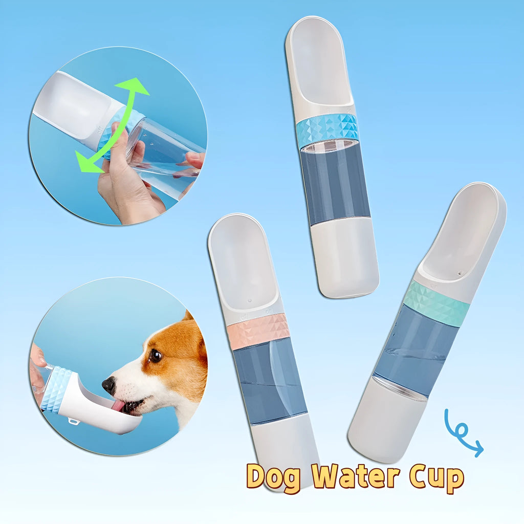 Portable dog water cup with one-click lock, food-grade ABS construction, available in various colours for outdoor pet hydration