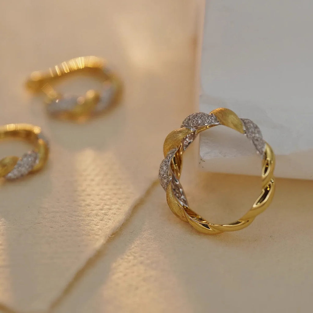 S925 sterling silver geometric twist ring yellow gold white gold diamond cut finish women's jewellery