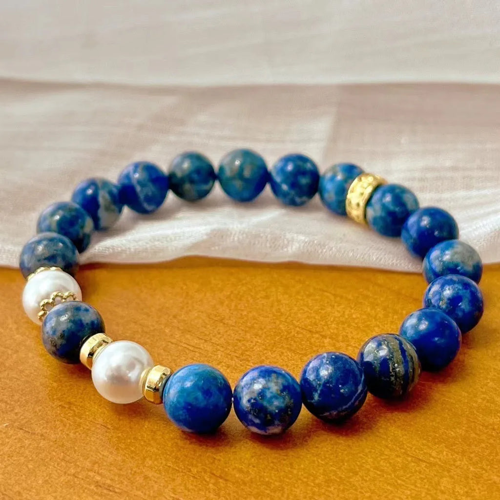 Lapis lazuli bracelet with green gold stone colouration and artistic retro Chinese-inspired design