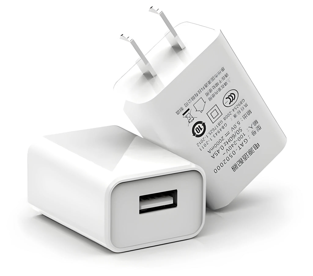 5V1A charging head power adapter with UK plug, USB cable, and power line set on a white background.